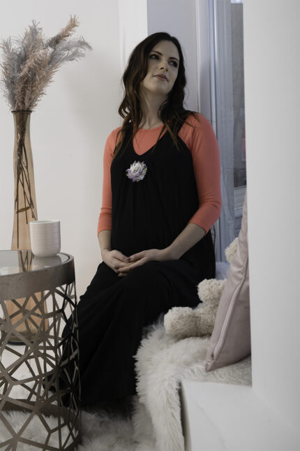 Maternity Modesty Jumper Dress by Mamala with a coral color top